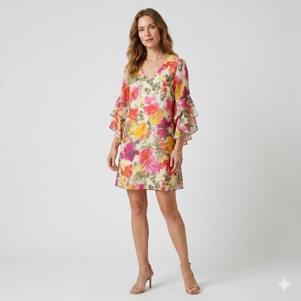 Calvin Klein Floral Chiffon Shift Dress 16 Pink Yellow Ruffle Sleeve V-Neck Mini